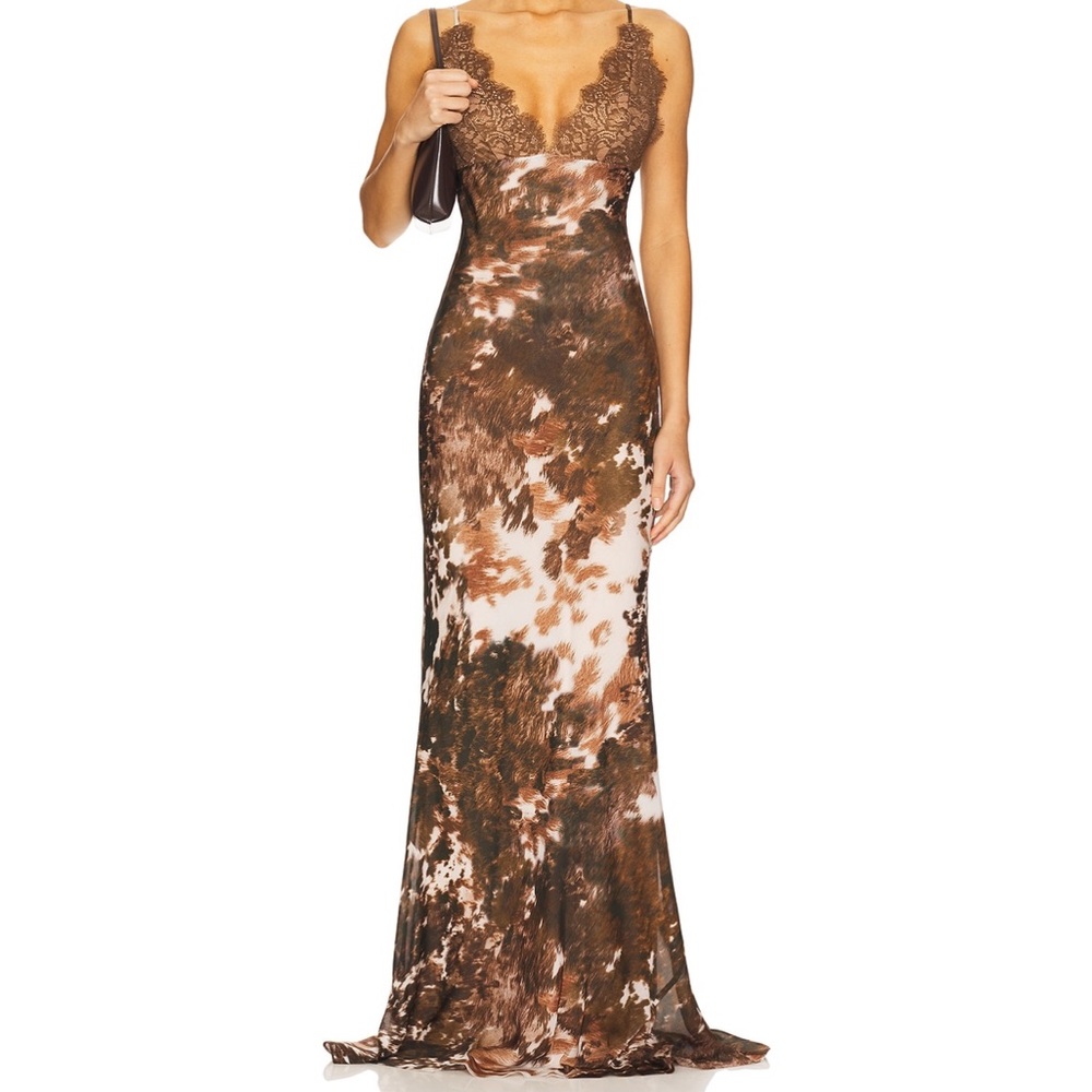 L'AGENCE Brown Lace-Trim Maxi Dress